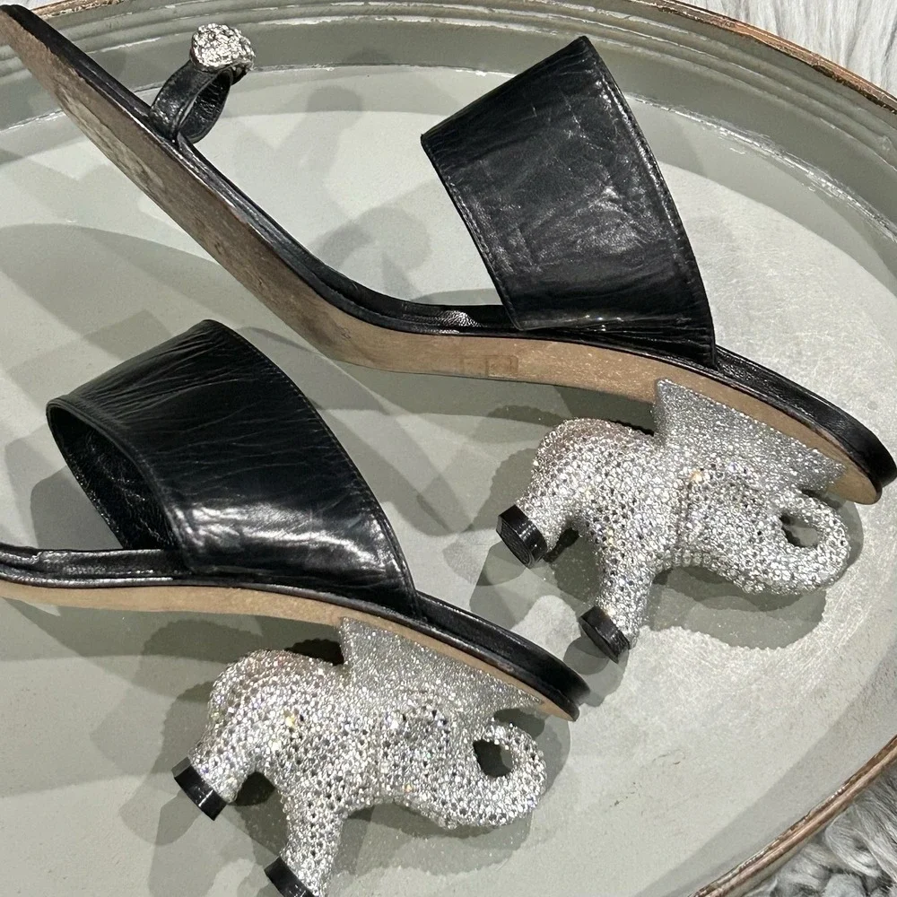 Ramon Tenza Black Heel W/Swarovski Crystal‎ Embellished Elephant Heel SZ 40 RARE